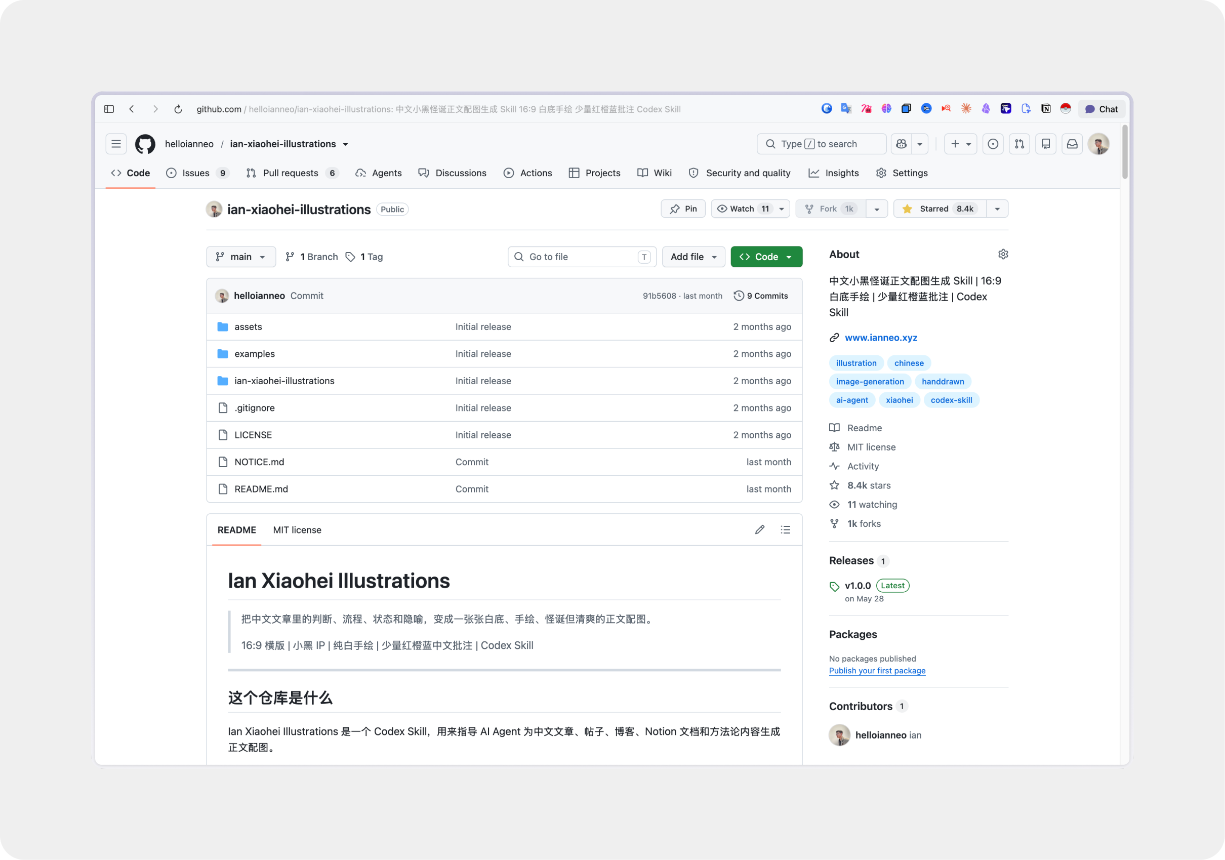 Ian Xiaohei Illustrations GitHub 仓库页面，显示 8.4k Stars 和 1k Forks